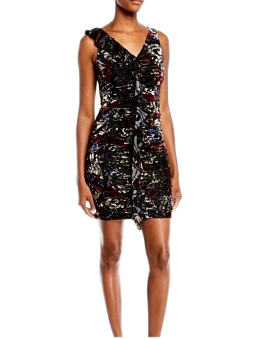 Aidan Mattox Dress Mini Floral Burnout Velvet V-neck Ruched Tank Dress size 2